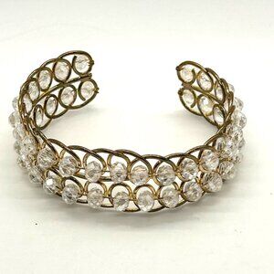 Vintage Gold-Tone Wire Cuff Bracelet With Clear Faceted Beads